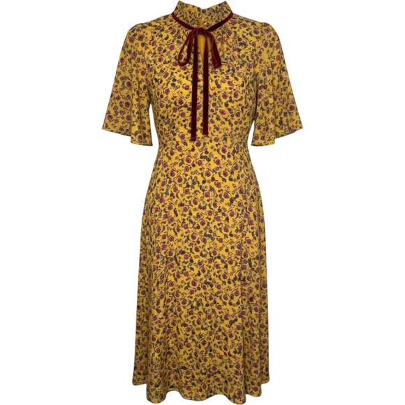 Donna Morgan Dresses & Skirts - Donna Morgan Yellow Floral Midi Dress Velvet Tie Neck Ruffle Flutter Sleeve 4